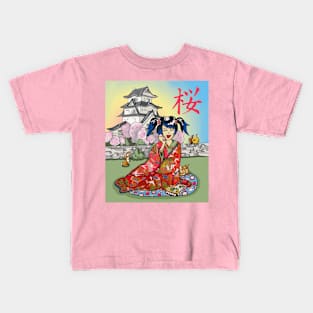 Cellphone chat at a cherry blossom castle in Japan Kids T-Shirt